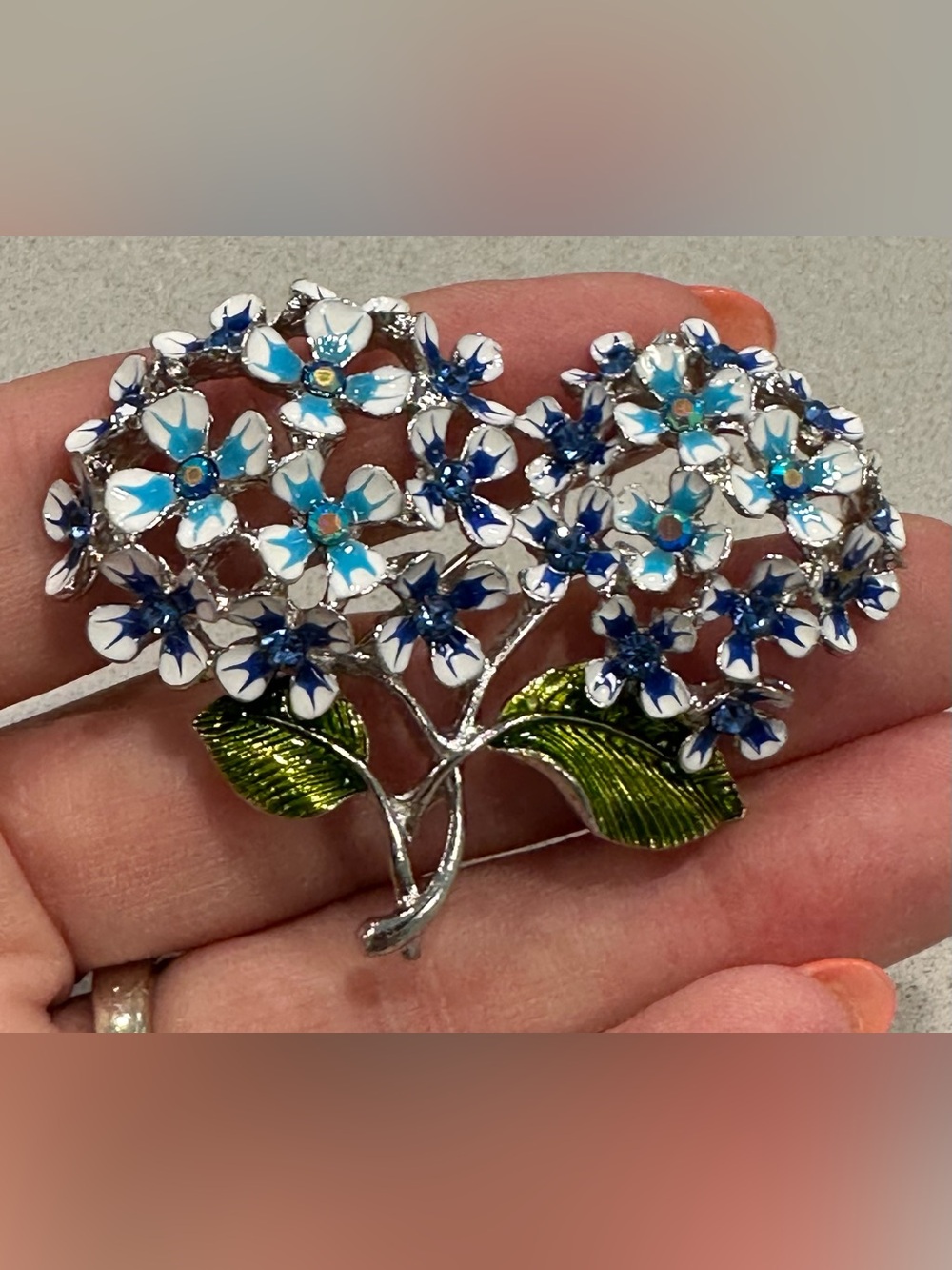 Hydrangea Brooch Blue & White Enamel and Crystals Green Leaves in Silver NEW